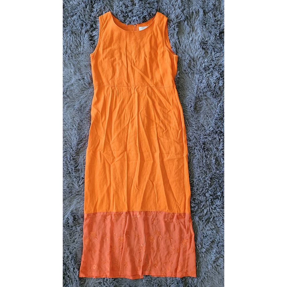 Country Wear Casuals Sz S VTG Orange‎ Linen Blend Floral Hem Cottagecore Dress